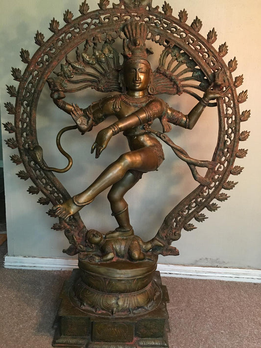 6-feet tall handcrafted Nataraja statue in Panchaloha alloy, featuring Lord Shiva in cosmic dance pose with antique bronze finish
