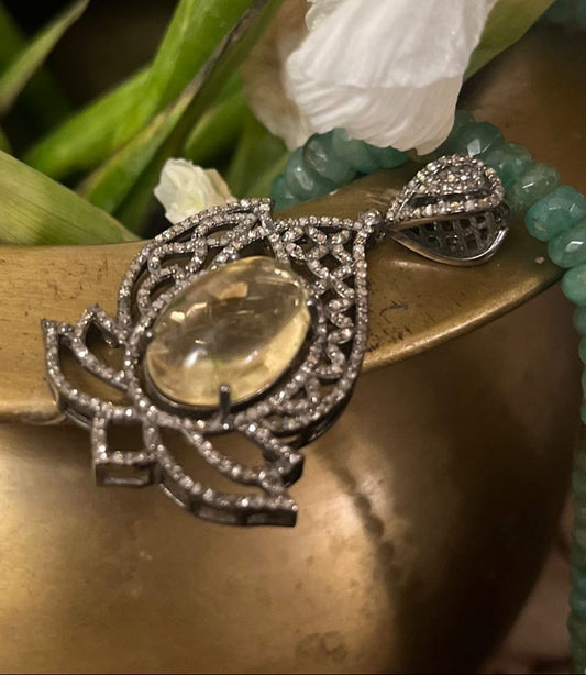 Handmade citrine pendant with diamonds in vintage design