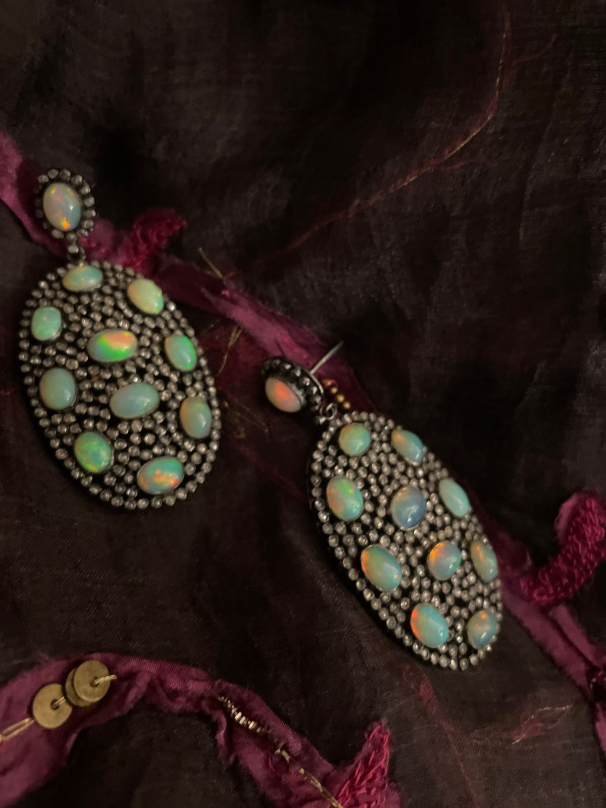 Handmade diamond and opal cluster earrings with antique finish