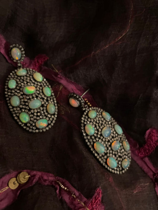 Handmade diamond and opal cluster earrings with antique finish