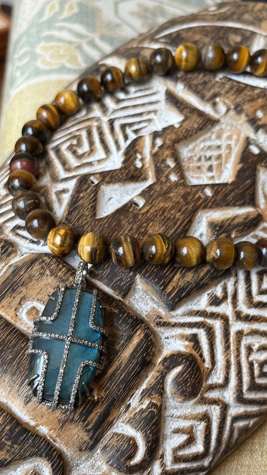 Handcrafted Tiger’s Eye String Necklace with Fluorite, Blue Sapphire, and Diamond Pendant