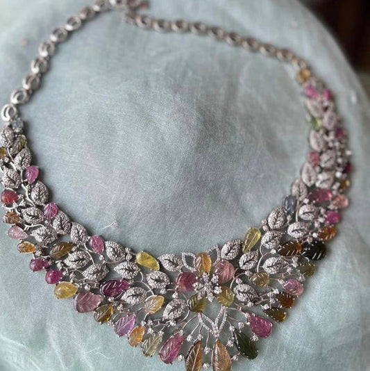 Handmade Multicolor Tourmaline Necklace with Diamond Accents – Elegant Gemstone Jewelry