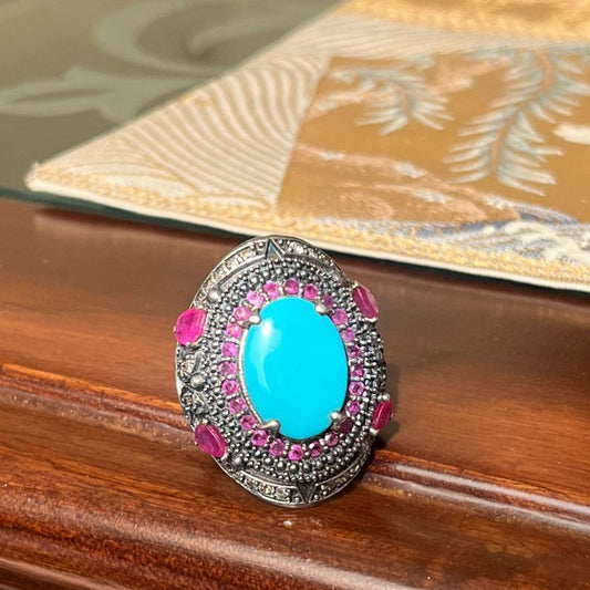 Mughal-style turquoise ring with African rubies and melee diamonds