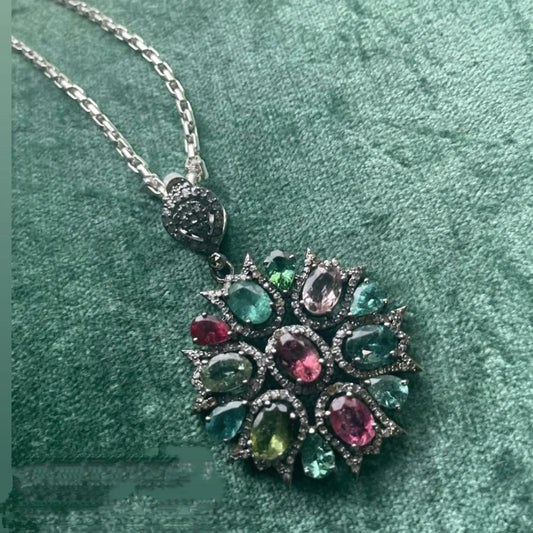 Multi-tourmaline pendant with diamonds in sterling silver