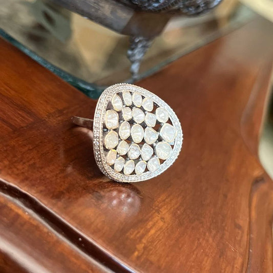 Vintage-style ring with uncut Polki diamonds and pavé accents